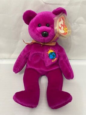 Ty Plush Bear - Bright Magenta with Embroidered Earth